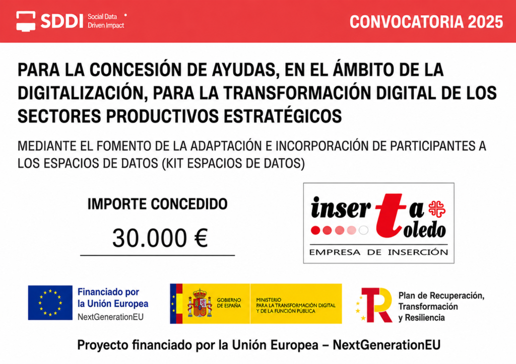 Cartel de concesión de una ayuda de 30.000 euros a Inserta Toledo para su incorporación a los espacios de datos, financiada por la Unión Europea – NextGenerationEU.