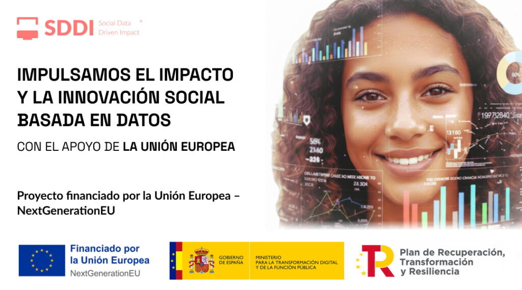 Imagen de una mujer con gráficos de datos superpuestos que representa la innovación social basada en datos, dentro de un proyecto financiado por la Unión Europea – NextGenerationEU.